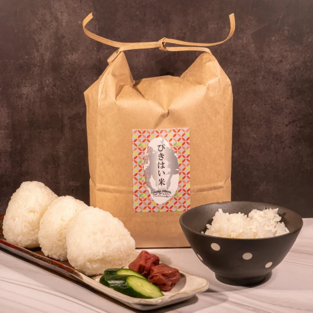 PeakyHikersが販売する『ぴきはい米』の米袋とおにぎり