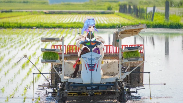 PeakyHikersのVTuberが田植え機に乗って農作業を行う様子