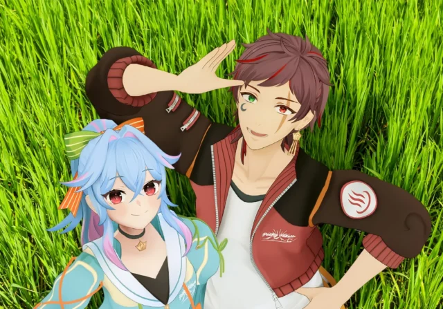 PeakyHikersのVTuberキャラクター2人が緑の草地に寝転ぶ姿