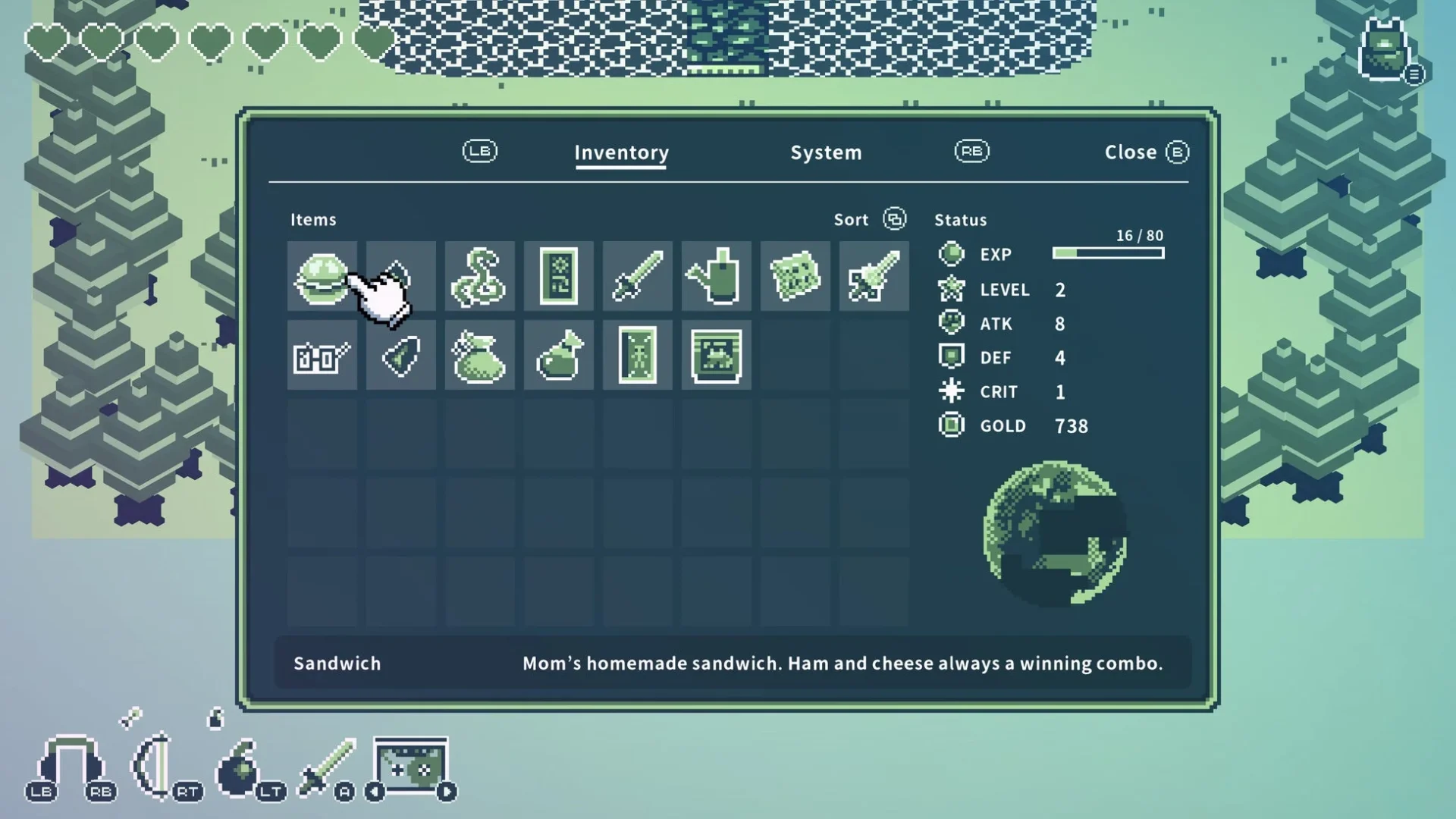 ゲームのインベントリ画面:アイテムとステータス表示
