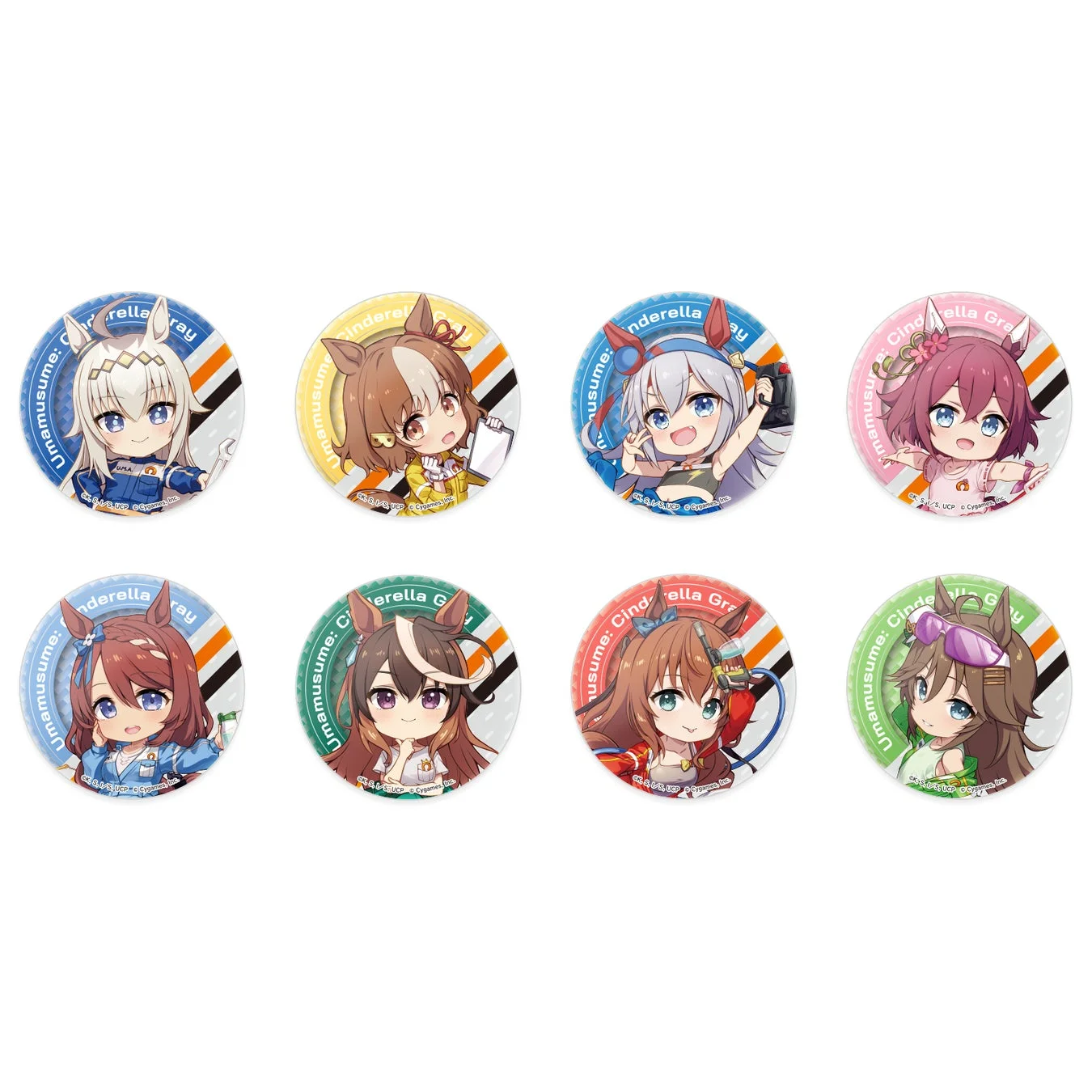 ウマ娘シンデレラグレイのキャラクターが描かれたトレーディング缶バッジ8種
