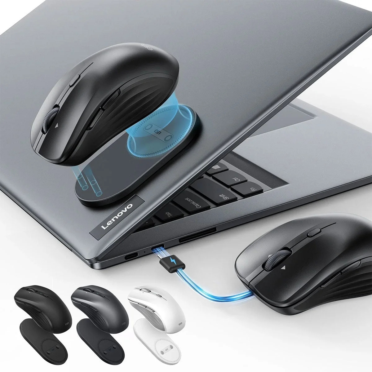 ESR MagMouseのマグネット固定、充電機能、3色のカラーバリエーション