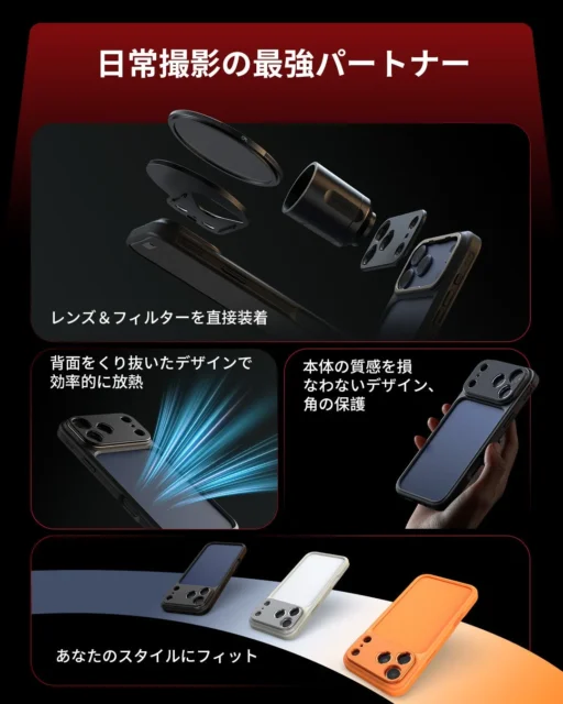 FilMovバンパーケースのレンズ装着、放熱、角保護、カラーバリエーションの特長