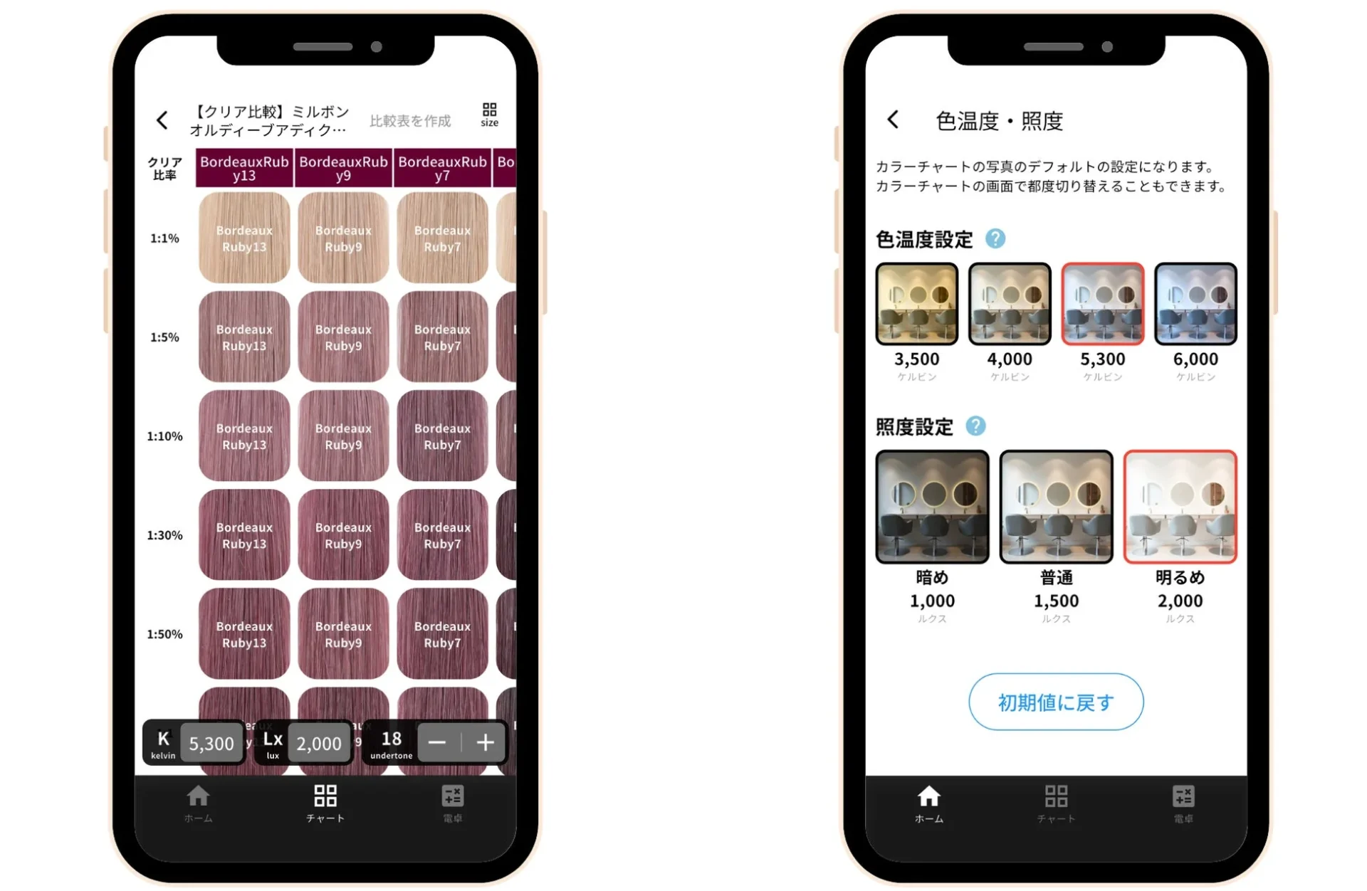 デジタルカラーチャートのクリア比較画面と色温度・照度設定画面