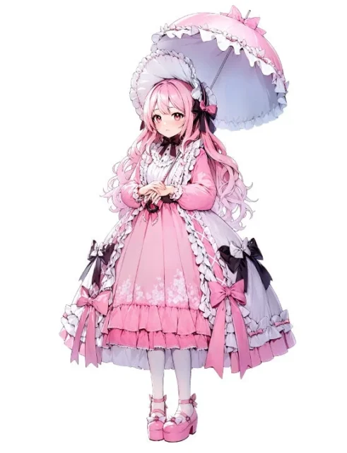 ピンクのロリータファッションを纏った新キャラクター近藤未来の全身イラスト