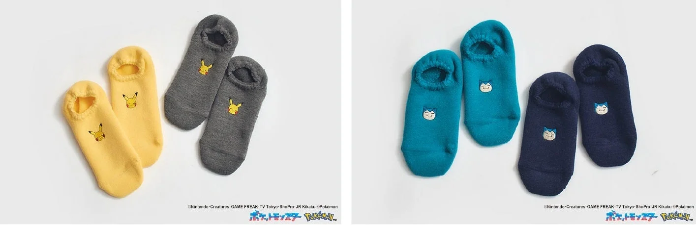ROOMシリーズ、ハマグリパイルソックスのピカチュウとカビゴンデザイン