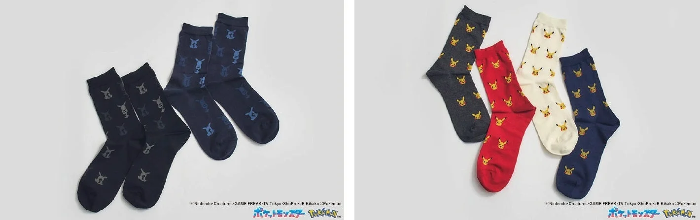 FASHIONシリーズ、モノグラム柄とピカチュウ総柄の靴下