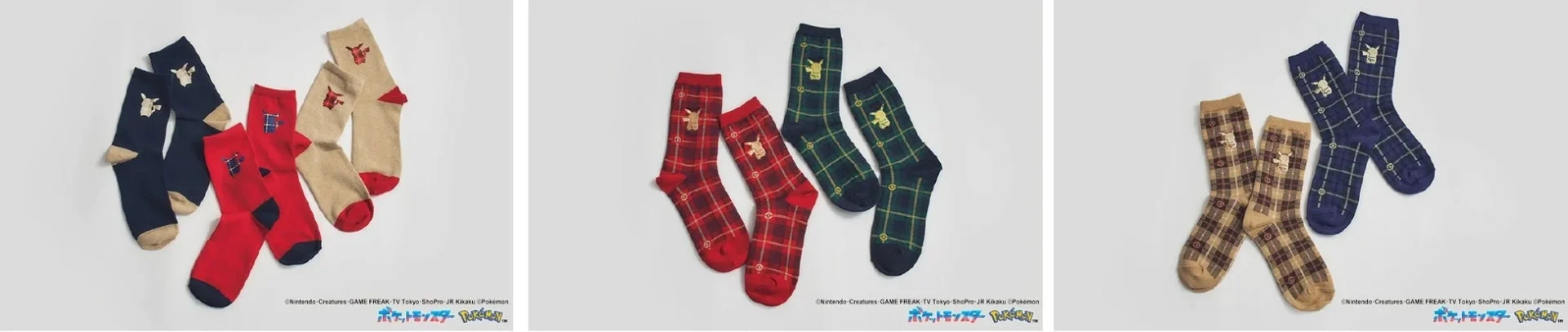 HOLIDAYシリーズ、ホリデーシーズンを彩るチェック柄とピカチュウデザインの靴下(別デザイン)