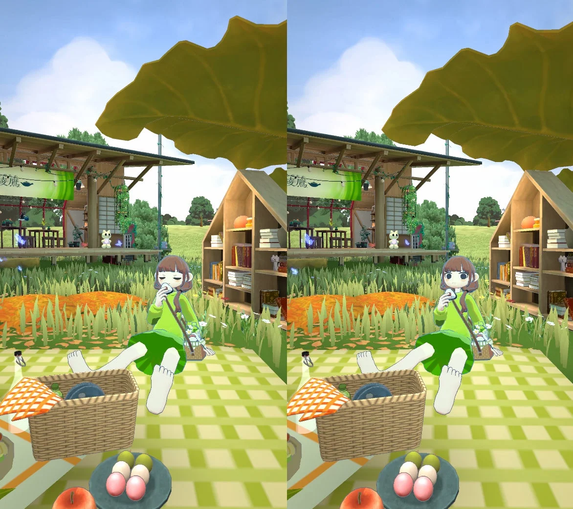 「gogh」コラボスペース「ボタモチ高原」でアバターが「おにぎりを食べる」ポーズ