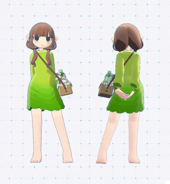 綾鷹カラーのワンピースとバスケットを着用したgoghコラボアバターアイテム