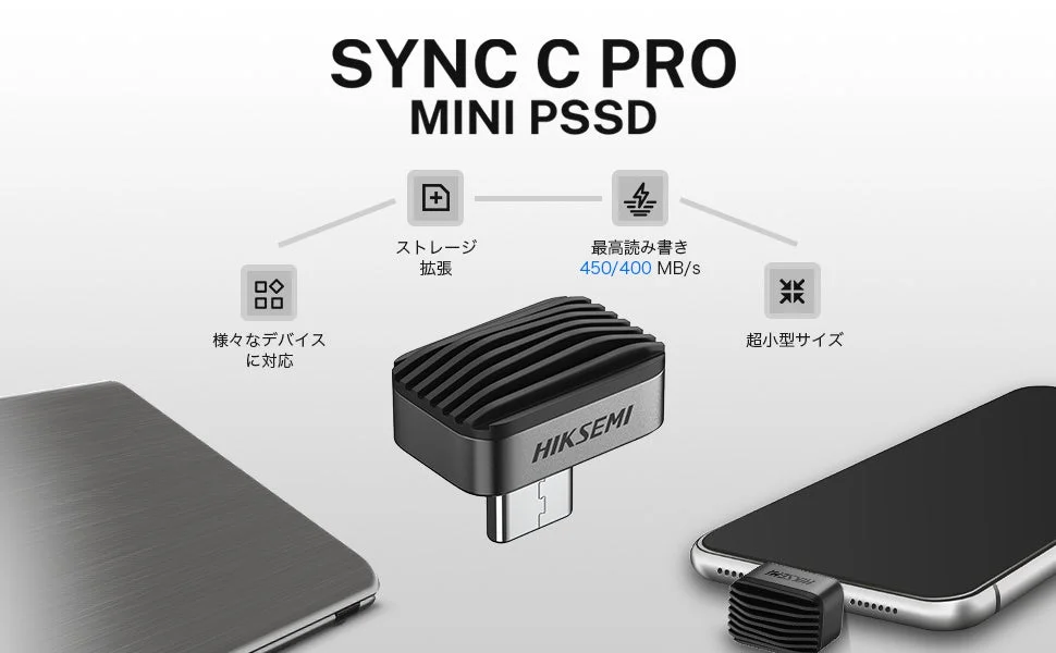 HIKSEMI SYNC C PRO MINI PSSDの機能説明図とデバイス接続イメージ