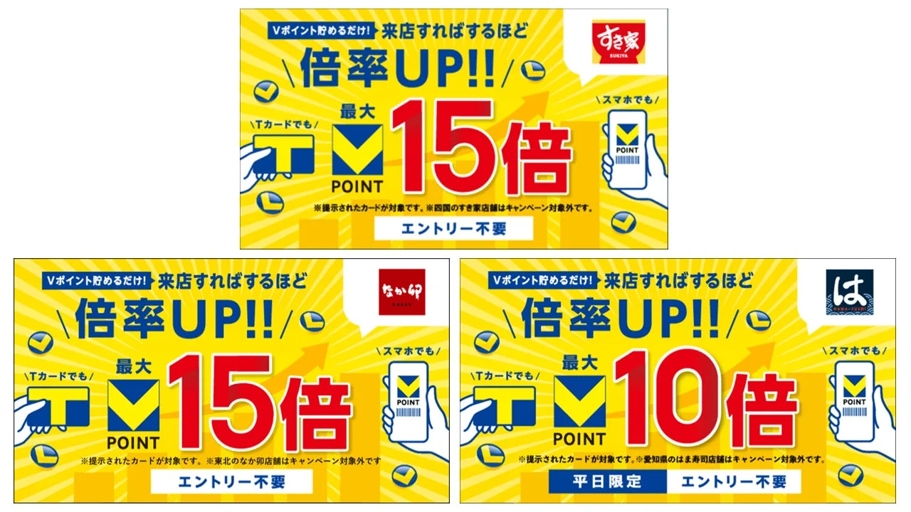 食欲の秋が到来！　すき家・なか卯・はま寿司で最大15倍のVポイントがもらえるキャンペーン開催