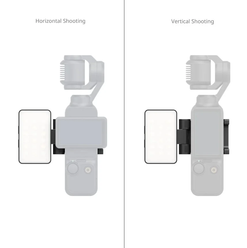 Osmo Pocket 3に装着されたRGBWW LEDビデオライトの横・縦撮影例