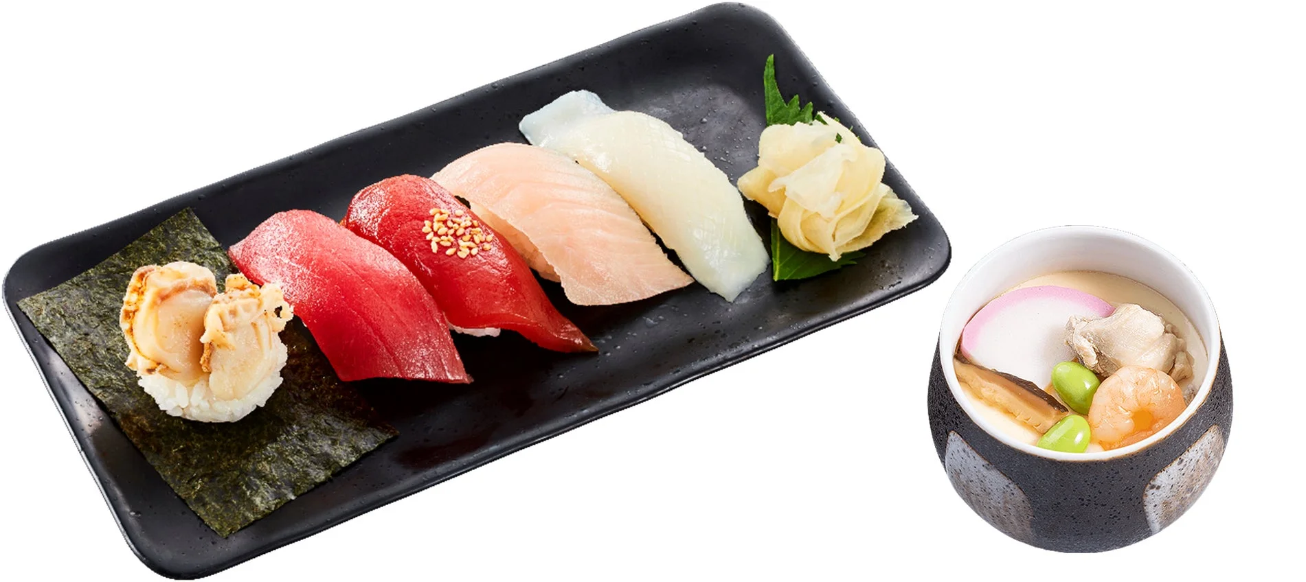 かっぱ寿司の食べ放題で提供される旬ネタ期間限定5貫セットと茶碗蒸し