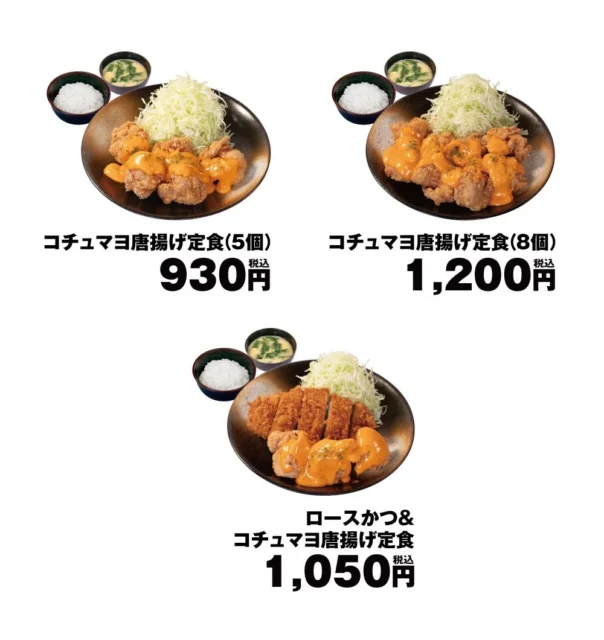 松のや「コチュマヨ唐揚げ定食」の全ラインナップ。各定食の価格と内容を一目で確認。