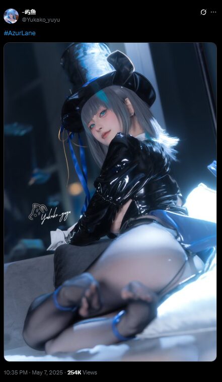 黒ストッキングが艶めかしい！　屿鱼、『アズールレーン』チェシャーのマジシャン衣装で美脚を披露