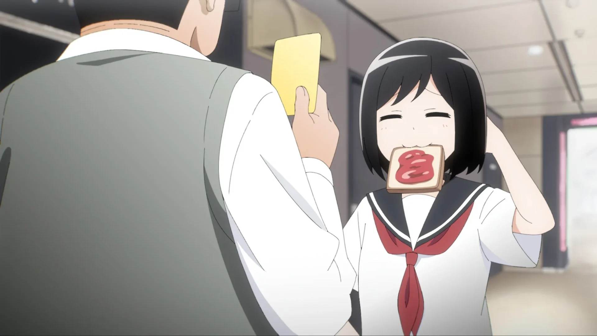 アニメーションの場面、食パンをくわえた主人公と男性