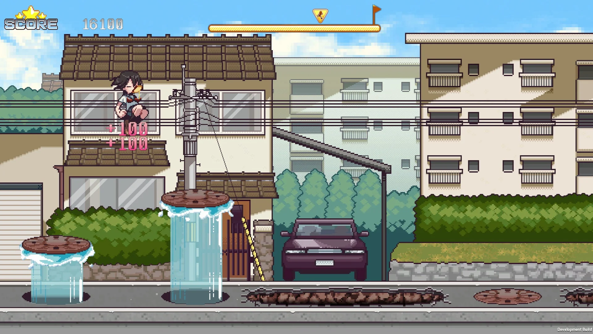 ゲームプレイ画面:通学路の障害物