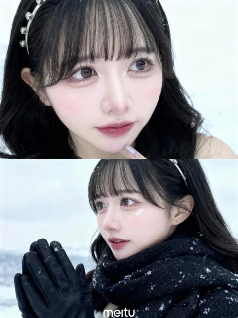 雪が舞う中でたたずむ女性のクローズアップと全身の2コマ写真