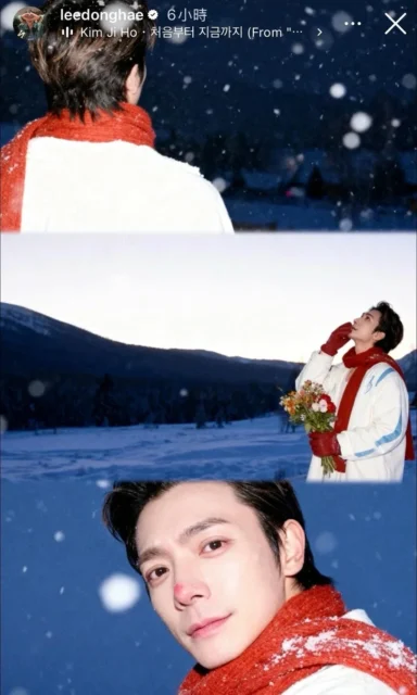 雪景色の中で赤いマフラーを巻いた男性のSNS投稿画面