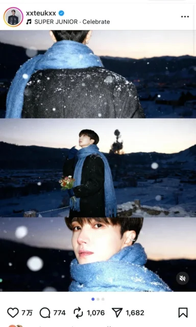 雪が降る中で青いマフラーを巻いた男性のSNS投稿画面