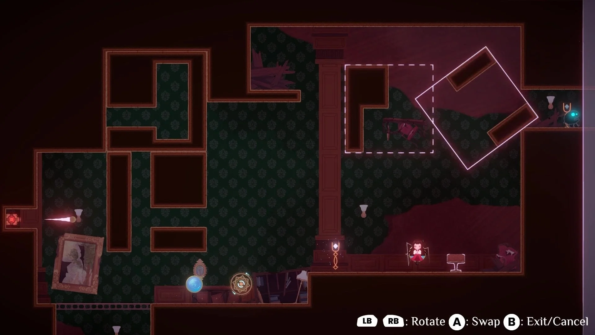 ゲーム画面：暗い室内でブロックを動かすパズルシーン