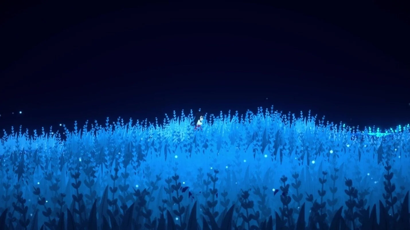 ゲーム画面：青く輝く草むらを歩くリリー