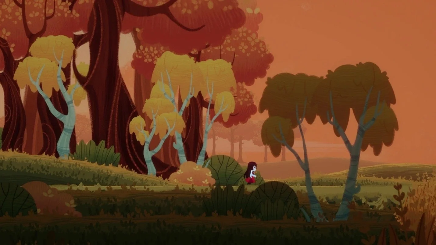 ゲーム画面：暖かく懐かしい雰囲気のオレンジ色の森