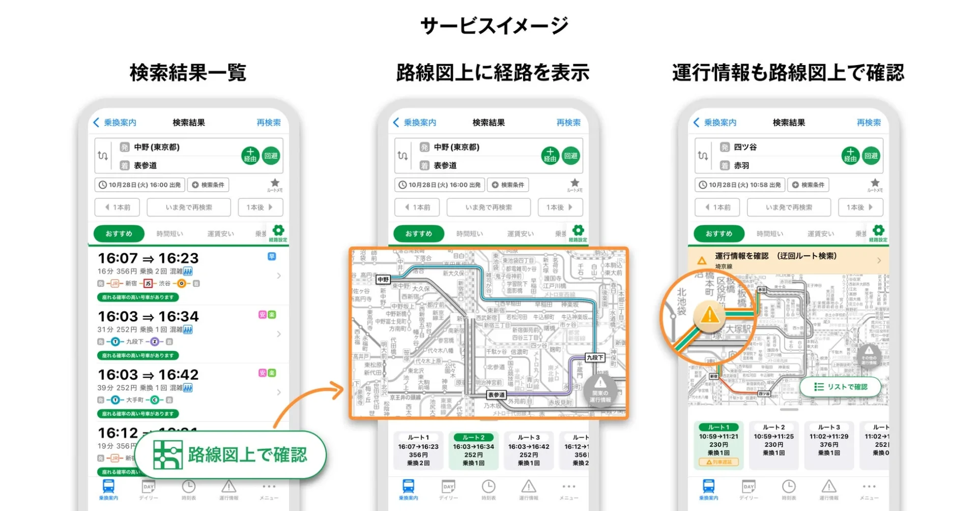 路線図ルート比較機能の利用イメージ:検索結果から迂回ルート表示まで