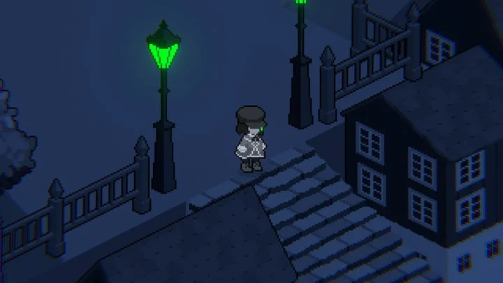 夜の街の風景と主人公ミドリのゲーム画面