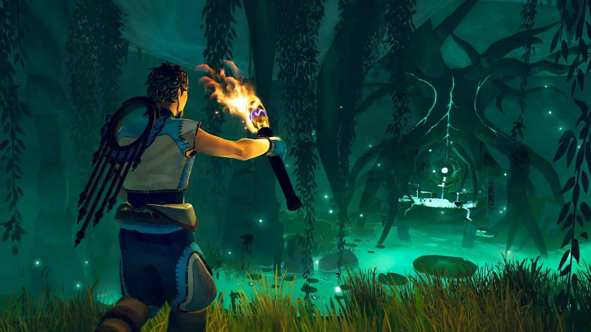 『Aloft』アップデートで追加される暗い場所を松明で探索するプレイヤー