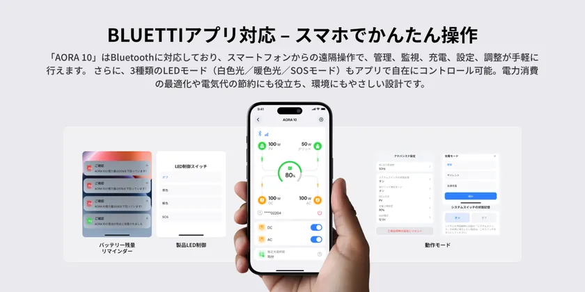 BLUETTI AORA 10の専用アプリ画面、スマートフォンで充電モードなどを操作