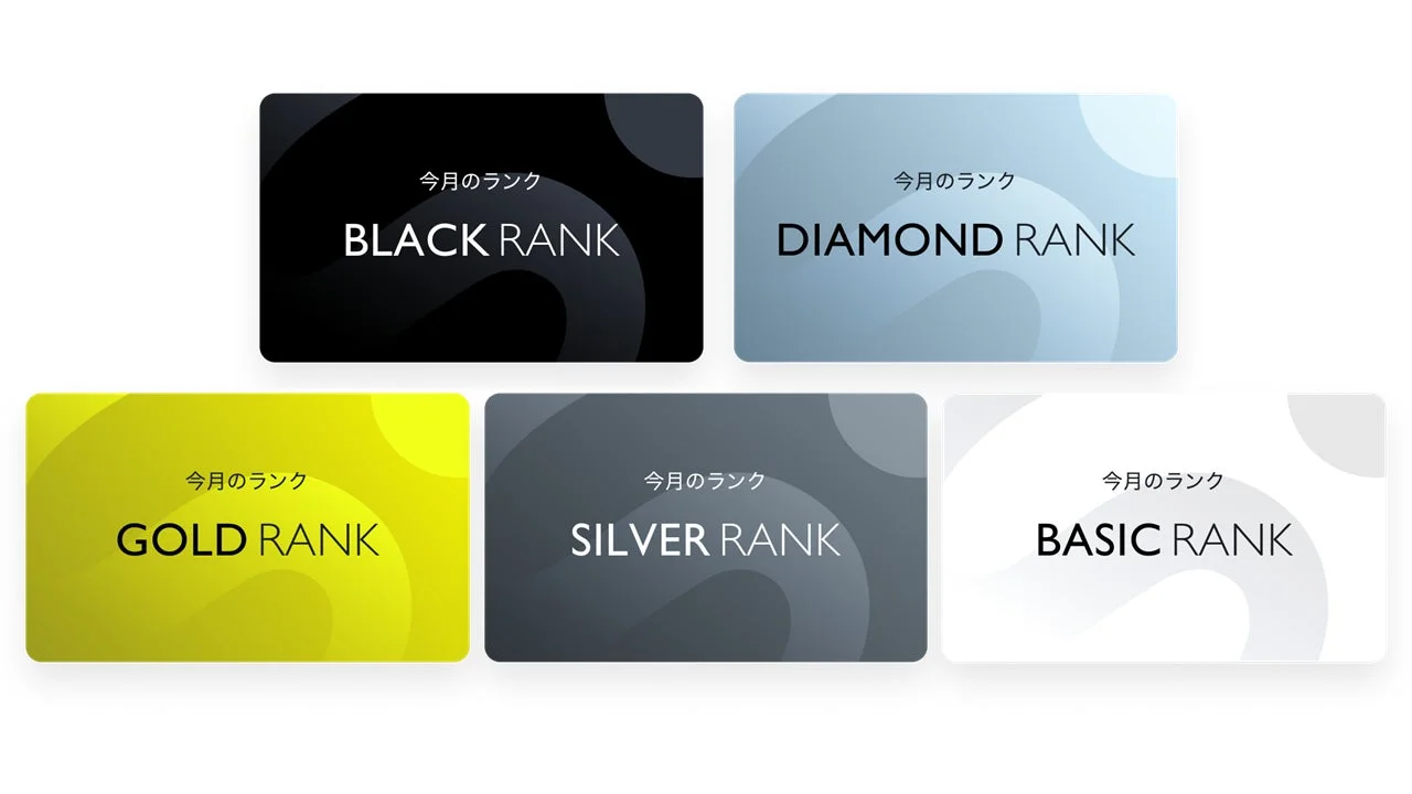 S.RIDEアプリのベーシックからブラックまでの5段階ランクカードデザインイメージ