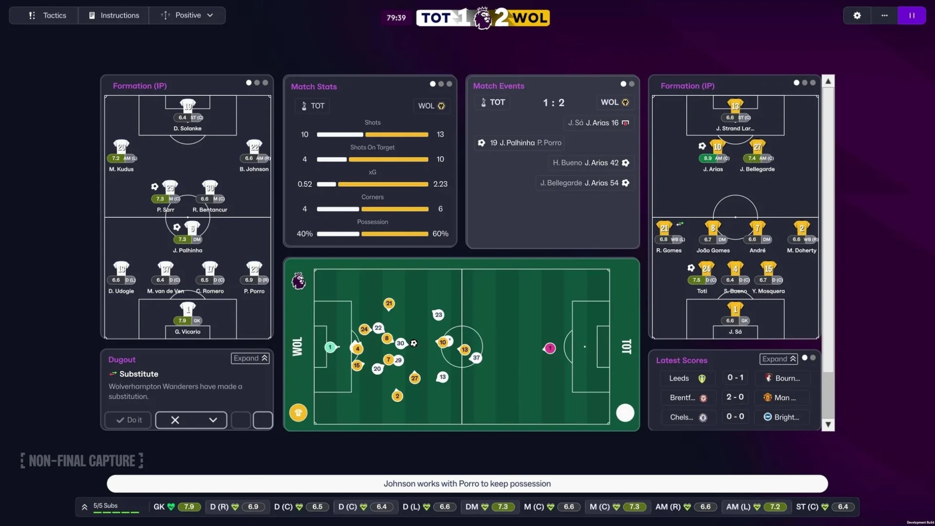 Football Manager 26の試合中戦術画面UI
