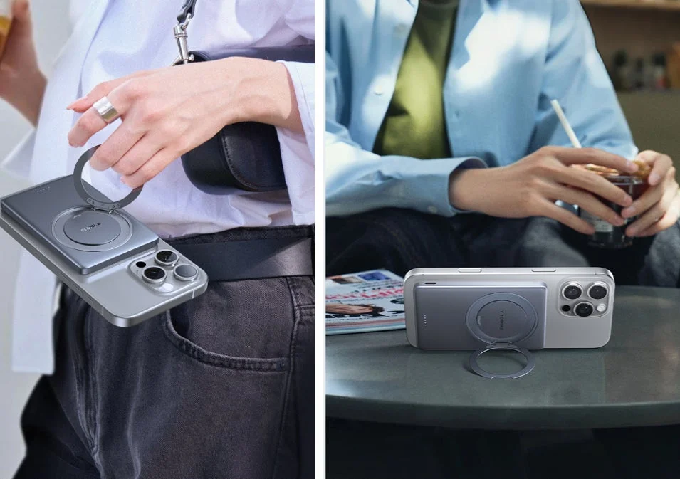 「MiniMag Ostand」を装着したiPhoneを手に持つ人やテーブルに置かれた使用シーン