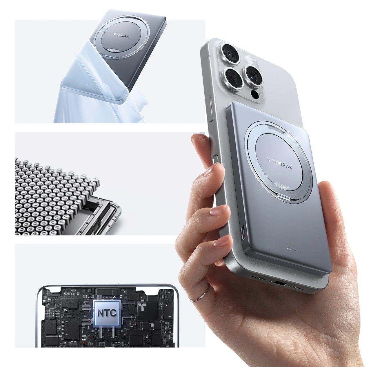 「MiniMag Ostand」の本体、内部バッテリーセル、基盤、パッケージの複合イメージ