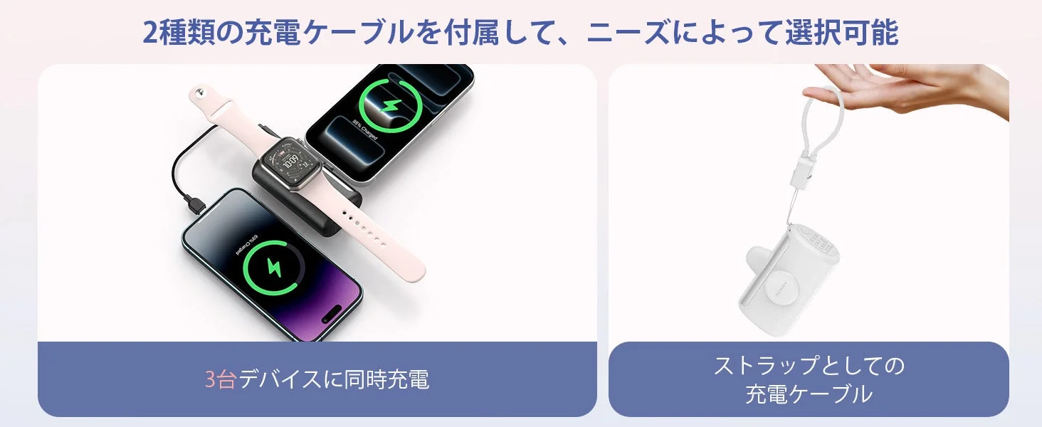 RORRY D5-10000によるiPhoneとApple Watchの3台同時充電と付属ケーブル