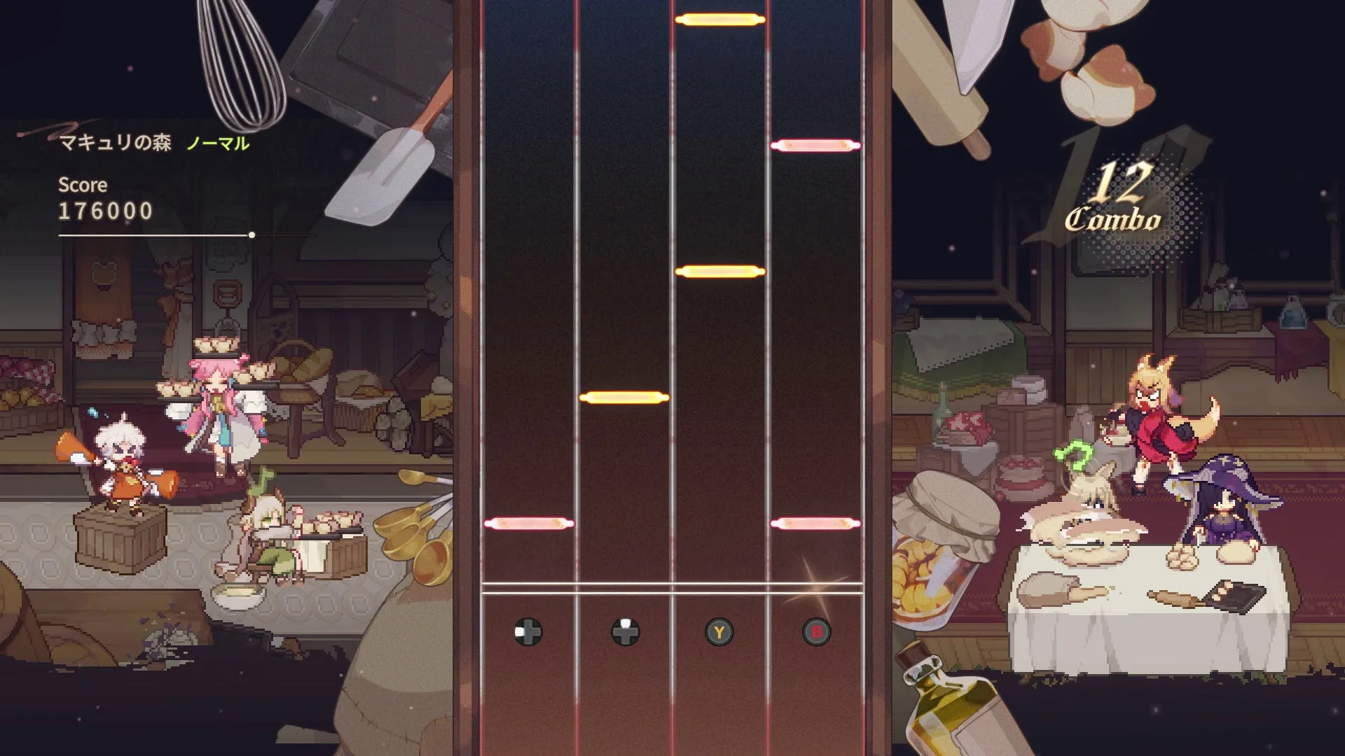 パン屋で展開されるリズムゲームのミニゲーム画面