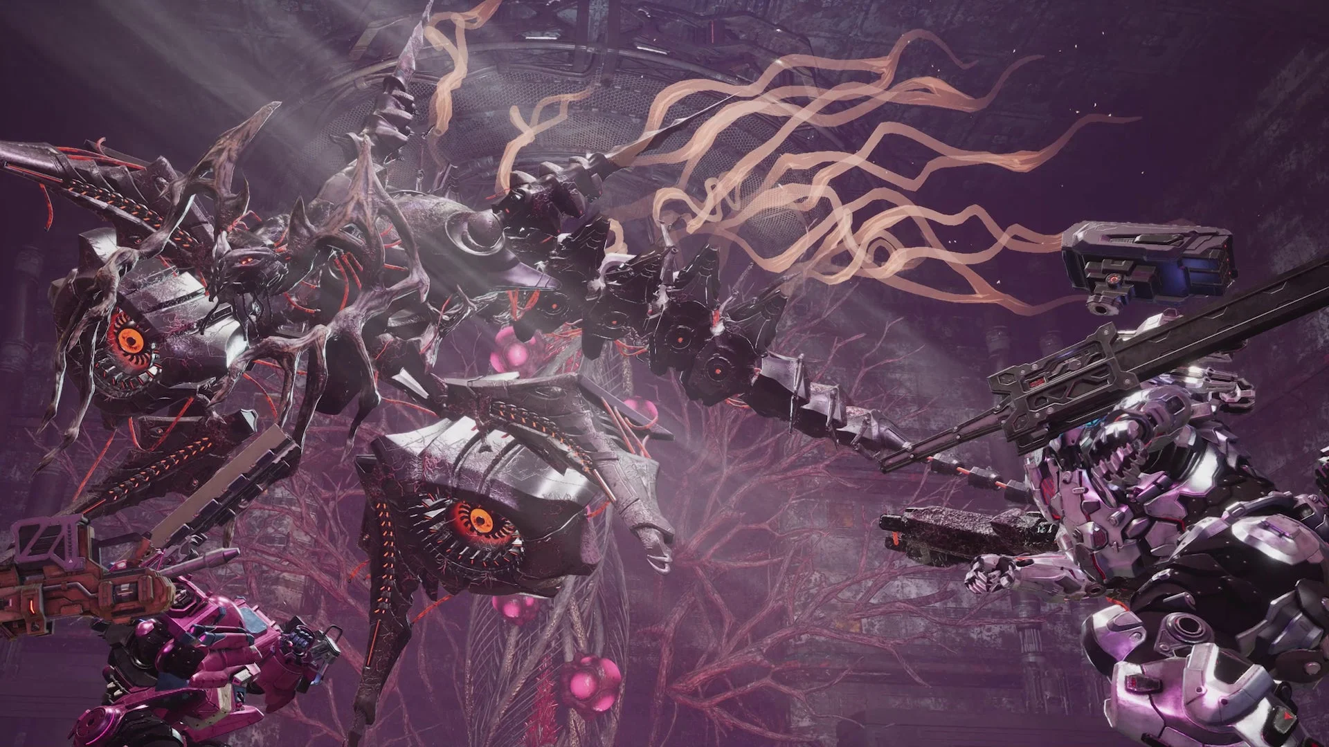 複数のメカが巨大なボス「イモータル」と交戦する迫力あるシーン