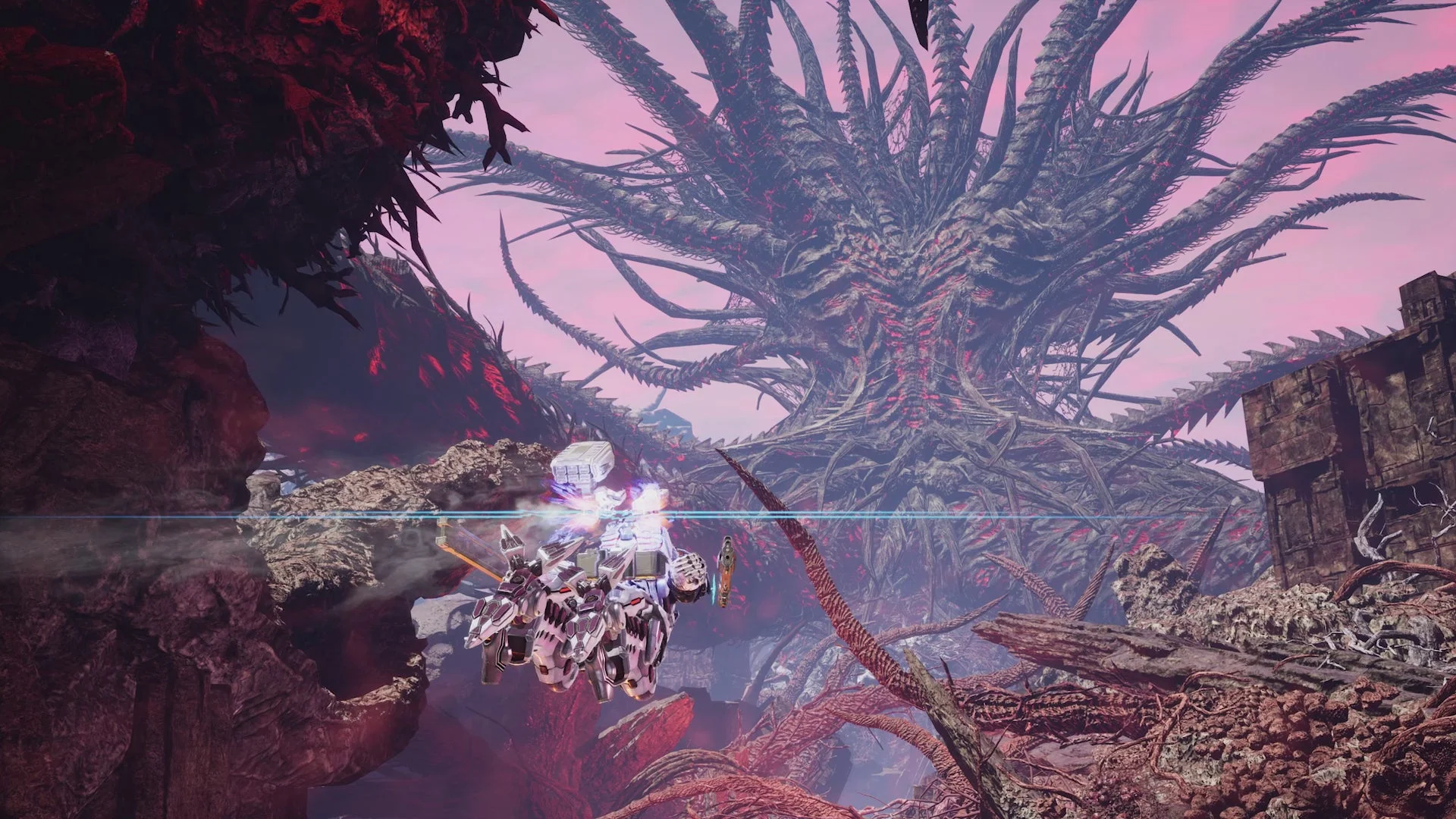 広大な新フィールドでメカが飛行し、巨大な構造物を背景にしたシーン