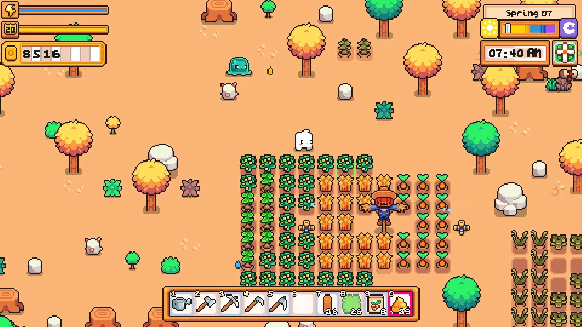 作物を育てる農場でのゲームプレイ画面