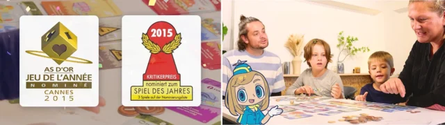 『街コロ』シリーズがノミネートされたゲーム大賞ロゴとボードゲームを囲む家族の様子