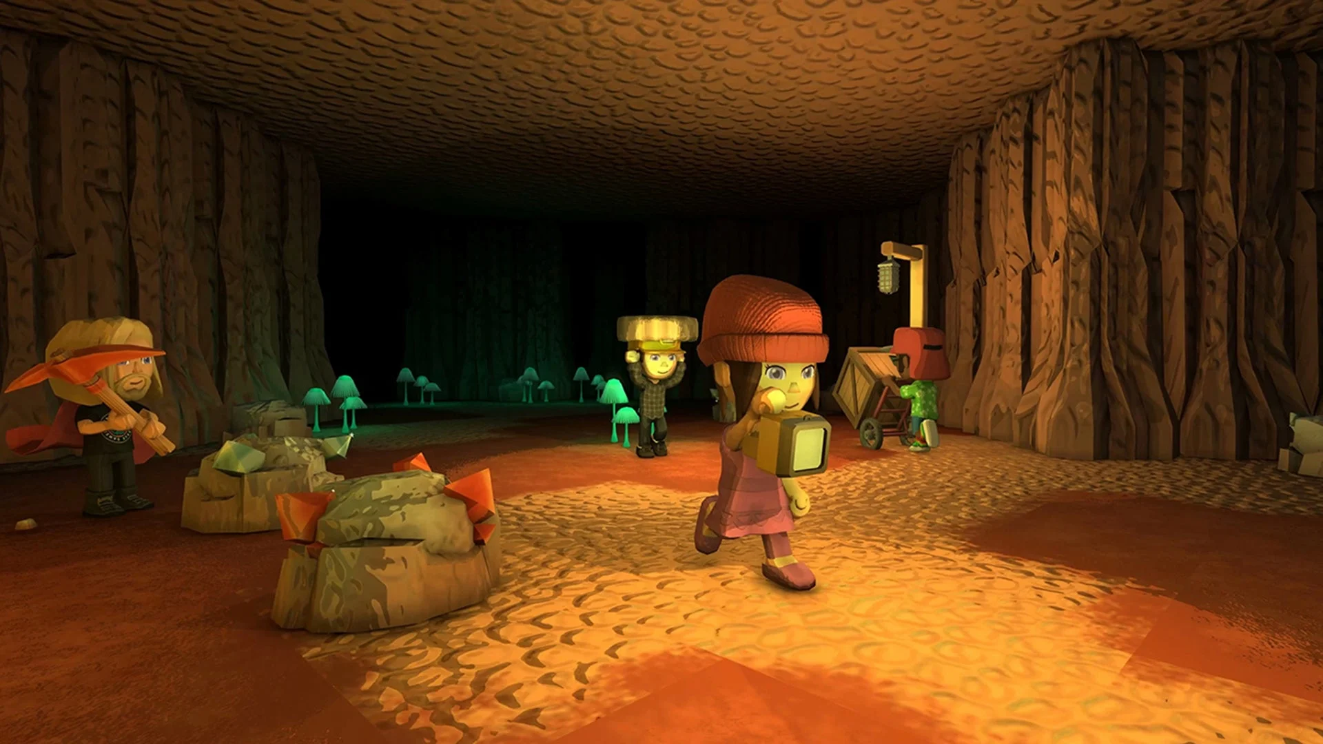 『Dinkum』ゲーム内で洞窟を探検するプレイヤーたち