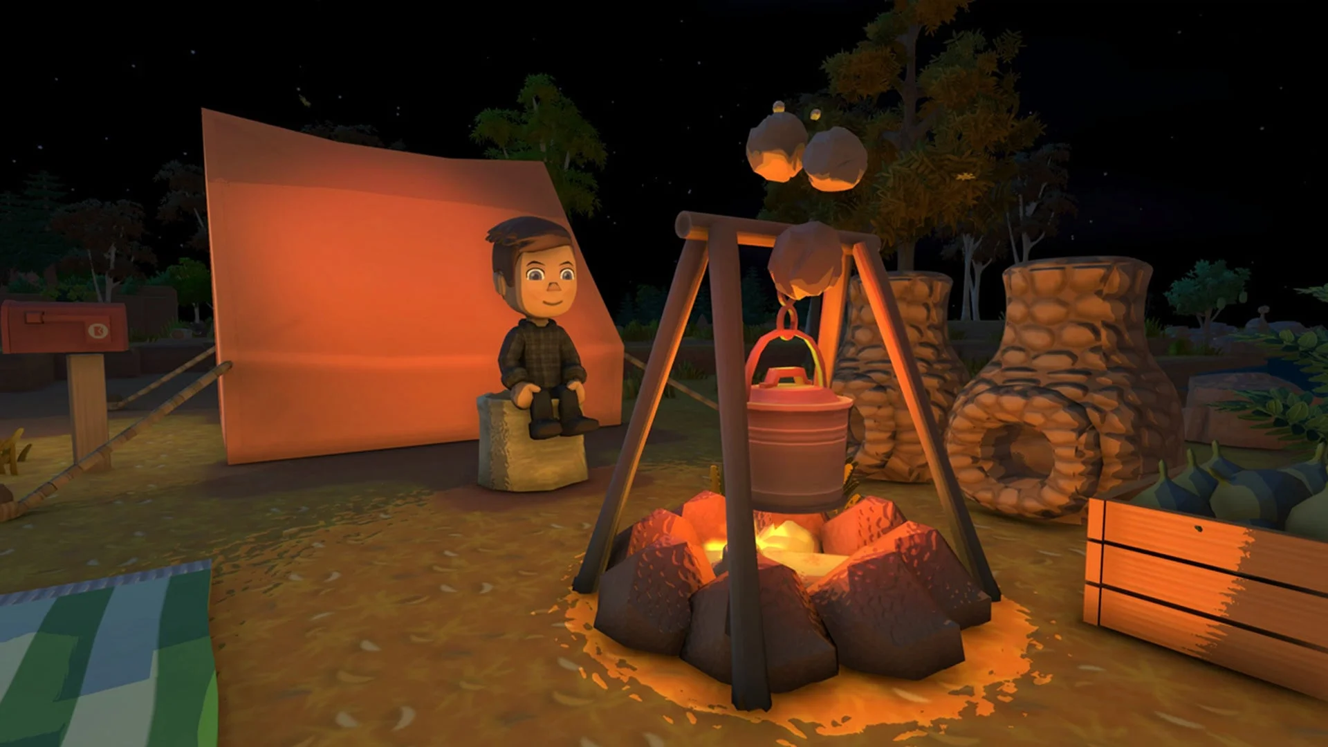 『Dinkum』ゲーム内で焚き火を囲む夜のキャンプシーン