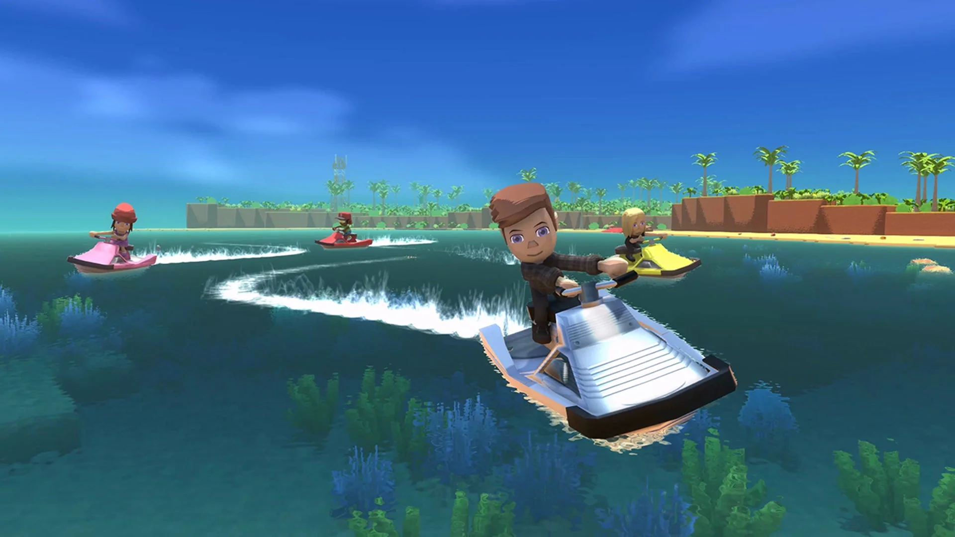 『Dinkum』ゲーム内で水上バイクに乗って海を疾走するプレイヤーたち