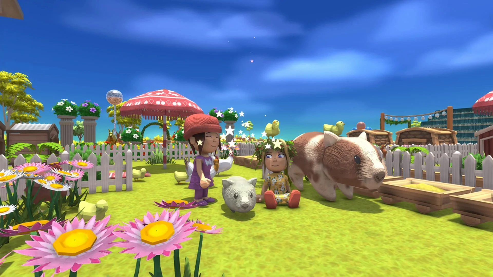 『Dinkum』ゲーム内で動物たちと触れ合う牧場ライフの様子