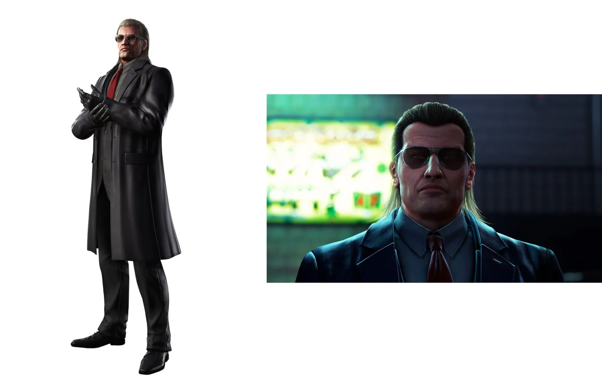 桐生を襲撃する黒いコートの男のキャラクタービジュアルとゲーム画面