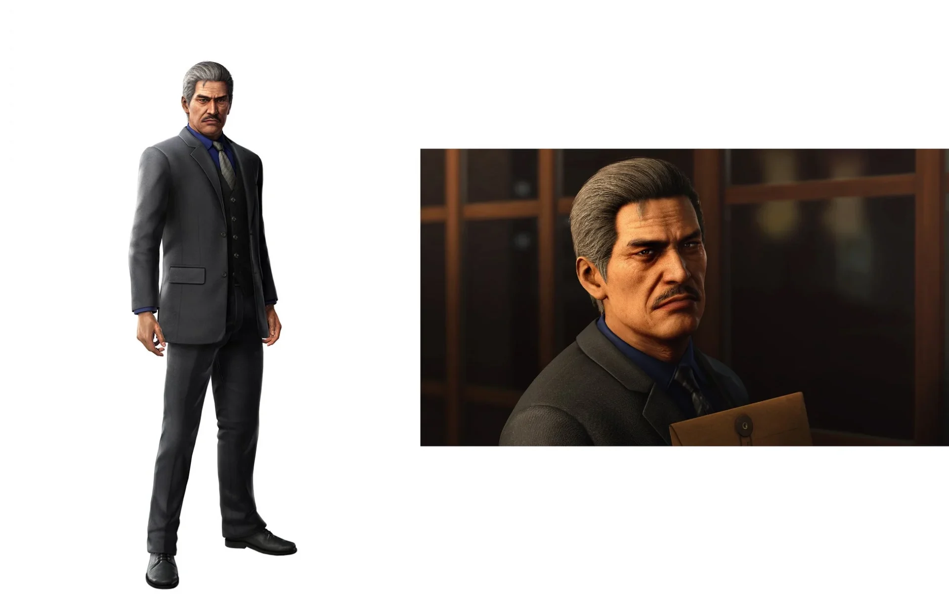 故・風間新太郎と瓜二つの容姿をした謎の男のキャラクタービジュアルとゲーム画面