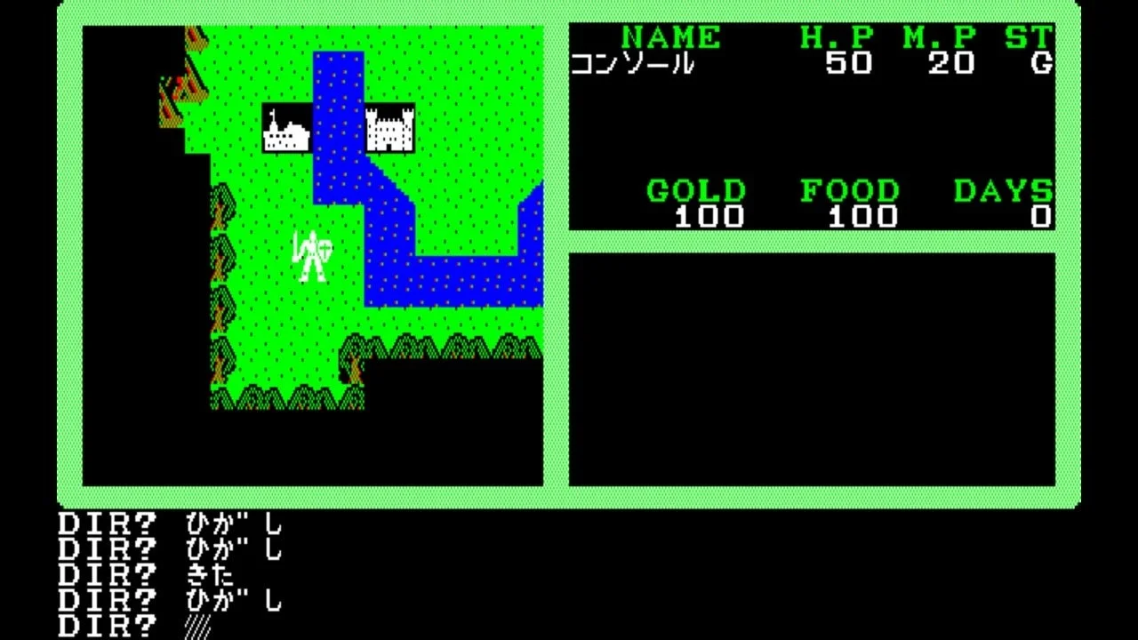 トップビューで表示されるフィールド探索画面と方向選択メニュー。
