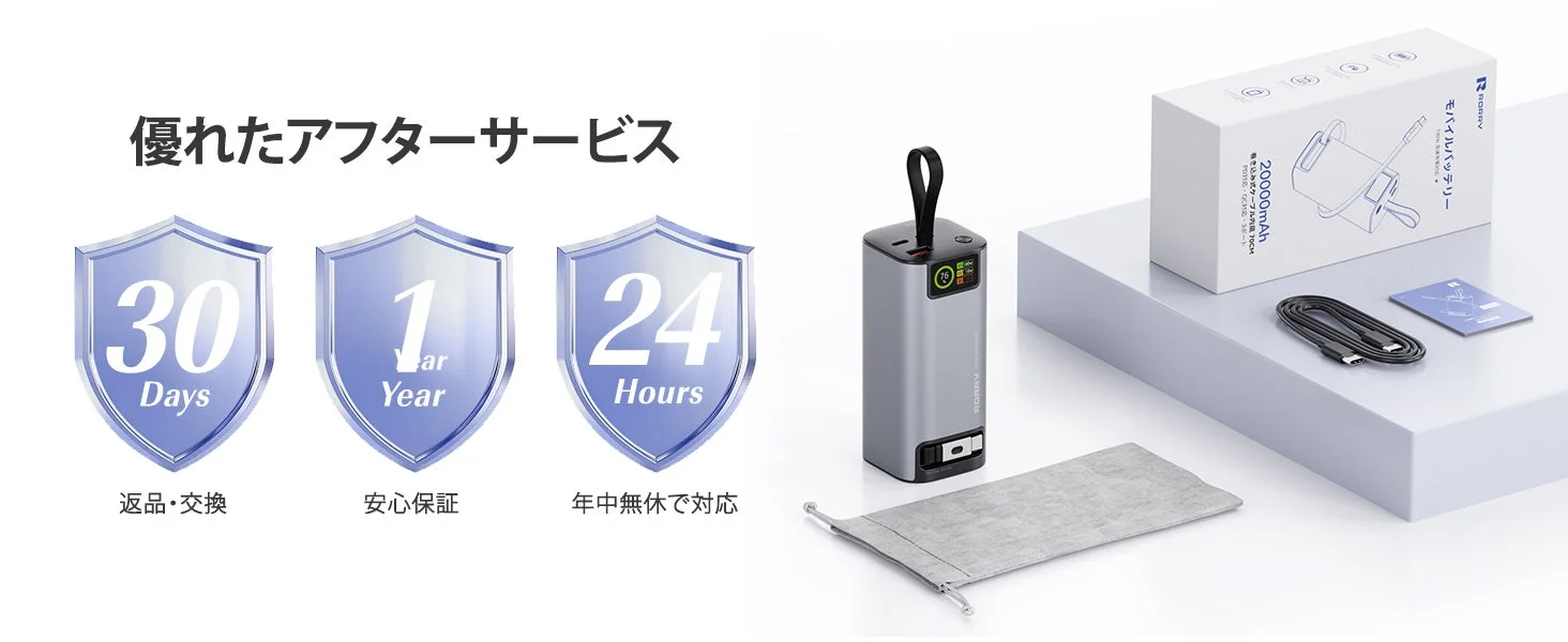 RORRY H4モバイルバッテリーの付属品(ケーブル、ポーチ)と30日返品、1年保証、24時間対応のアフターサービス